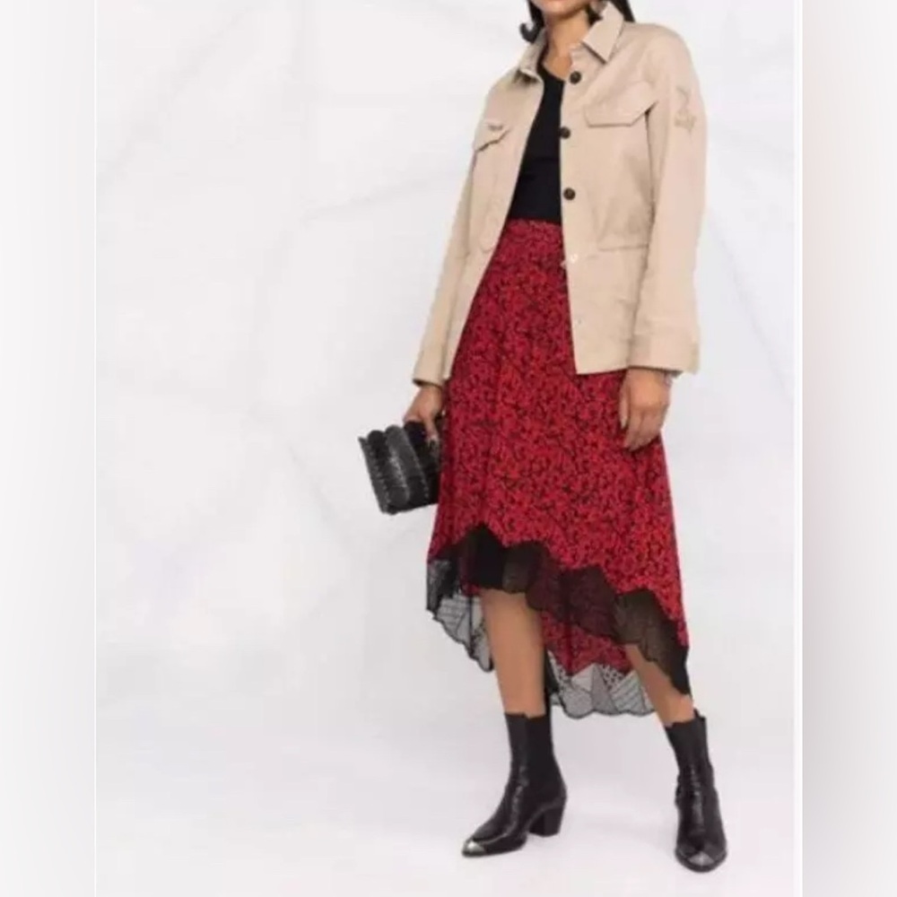 Zadig & Voltaire Joslin Floral High Low Midi Skirt 36 SMALL/MEDIUM Red/Black